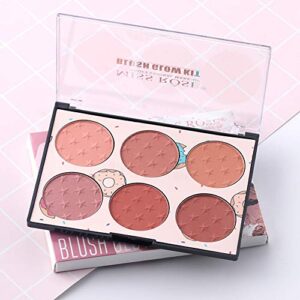 6 Color Blush Palette, Matte and Shimmer Powder, Highlight Face Blusher Buildable, Professional Facial Contour Blush Pallet Pigmented and Long Last For Natural Fair Dark Skin Tone