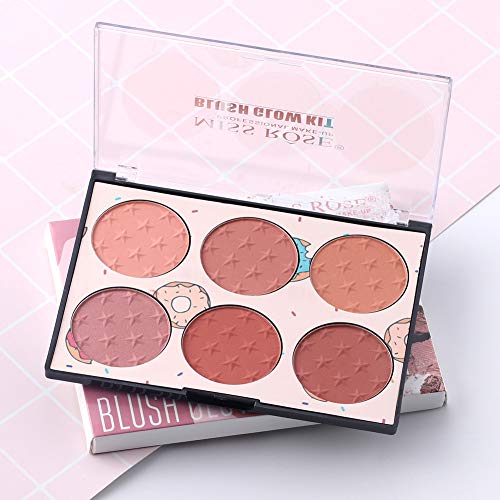 6 Color Blush Palette, Matte and Shimmer Powder, Highlight Face Blusher Buildable, Professional Facial Contour Blush Pallet Pigmented and Long Last For Natural Fair Dark Skin Tone