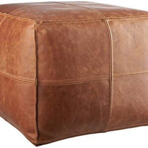 LEATHEROOZE Moroccan Pouf - Genuine Goatskin Leather - Bohemian Living Room Decor - Hassock & Ottoman Footstool - Square & Large Ottoman Pouf - Unstuffed - (Brown)