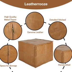 LEATHEROOZE Moroccan Pouf - Genuine Goatskin Leather - Bohemian Living Room Decor - Hassock & Ottoman Footstool - Square & Large Ottoman Pouf - Unstuffed - (Brown)