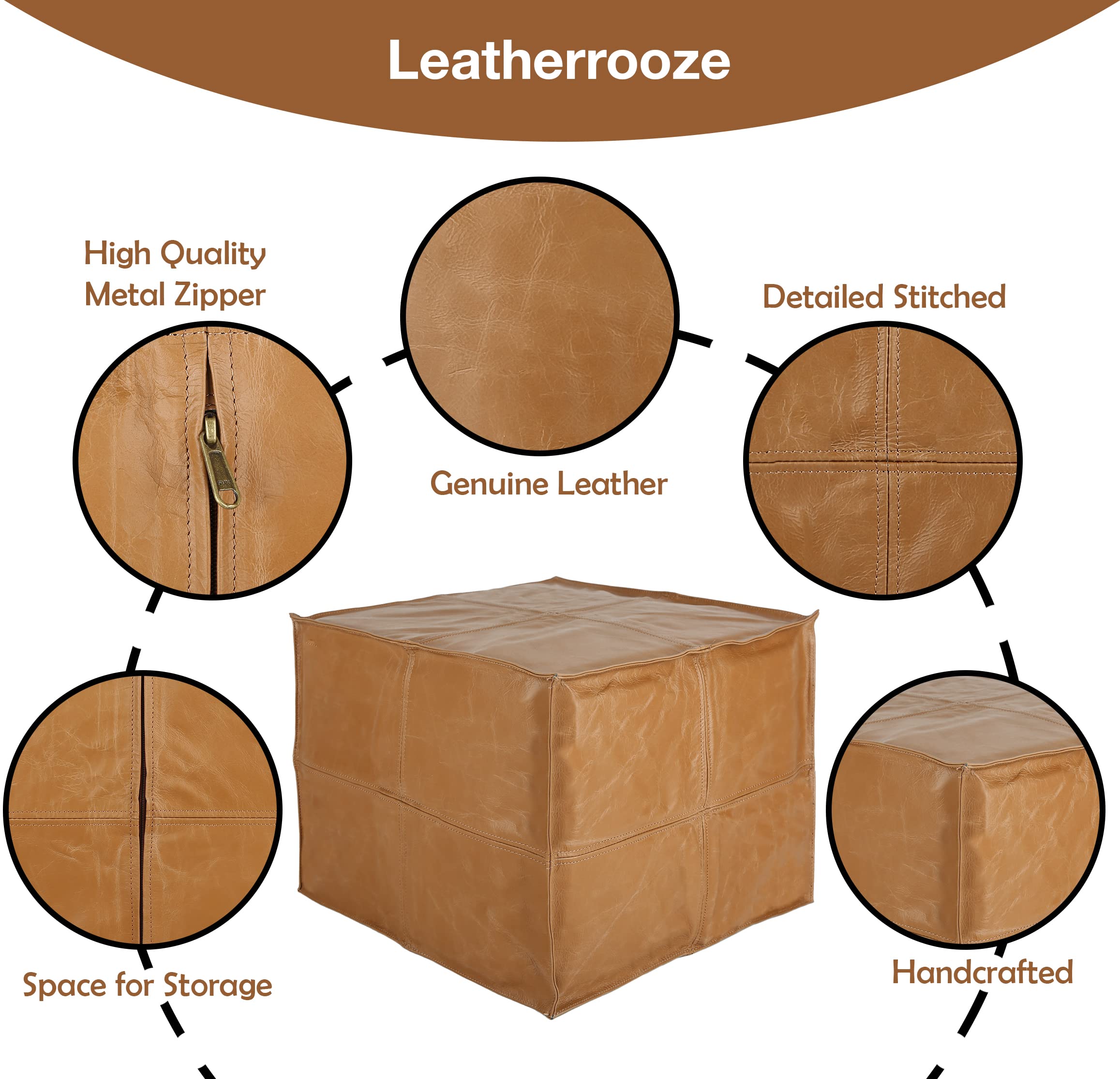 LEATHEROOZE Moroccan Pouf - Genuine Goatskin Leather - Bohemian Living Room Decor - Hassock & Ottoman Footstool - Square & Large Ottoman Pouf - Unstuffed - (Brown)