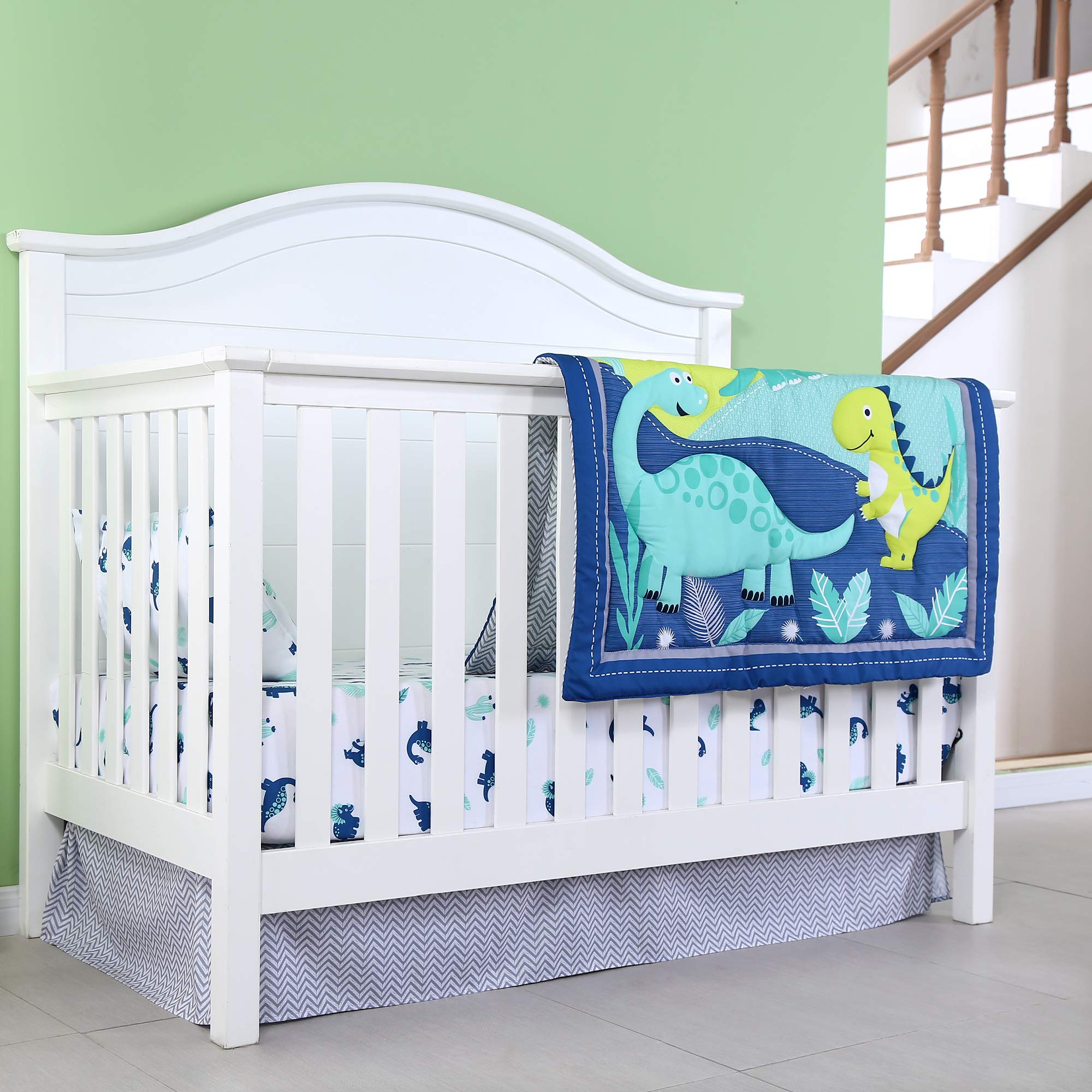 JISEN 3 Piece Crib Bedding Set Crib Quilt Crib Sheet Pillowcase - Soft Microfiber Printed Dinosaur Nursery Set for Baby Boys or Girls