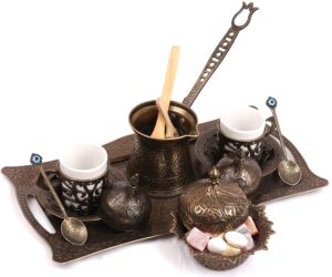 heracraft antique bronzed color turkish coffee serving full set - with turkish coffee multi serving tray 6 oz coffee pot 2pcs cups lids tray sugar bowl spoons - best gift set