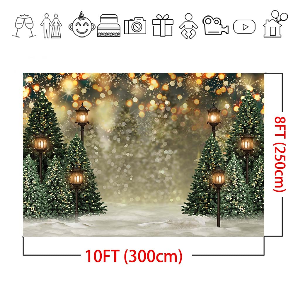 Mocsicka 10x8ft Winter Christmas Backdrop for Photography Christmas Glitter Bokeh Green Pine Tree Lamps Photo Backdrop Xmas Family Pictures for Kids Newborn Photography Background