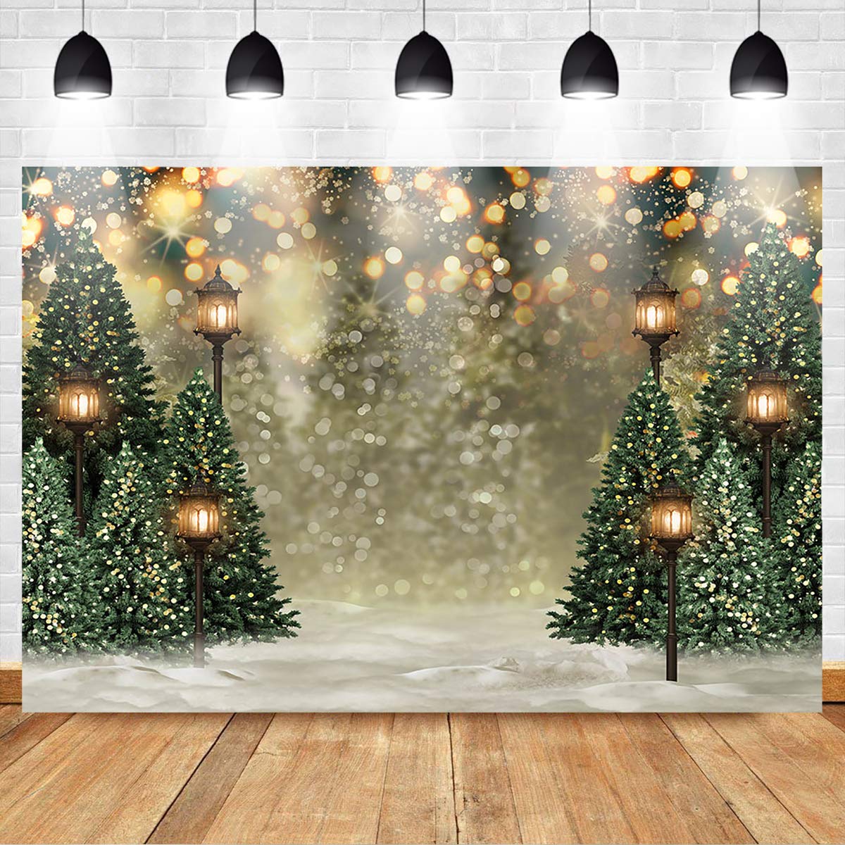 Mocsicka 10x8ft Winter Christmas Backdrop for Photography Christmas Glitter Bokeh Green Pine Tree Lamps Photo Backdrop Xmas Family Pictures for Kids Newborn Photography Background