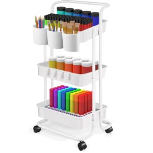 azmall 3 tier utility rolling cart - organizer cart storage cart makeup cart baby tray cart with trolley handles for office bathroom bedroom (white)