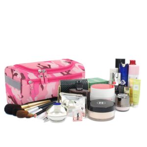 Buruis Travel Toiletry Bag for Men and Women, Hanging Toiletry Organizer Cosmetics Makeup Bag, Water-resistant Dopp Kit Shaving Bag, Small Toiletry Bag for Travel Essentials, Accessories (Camo Pink)