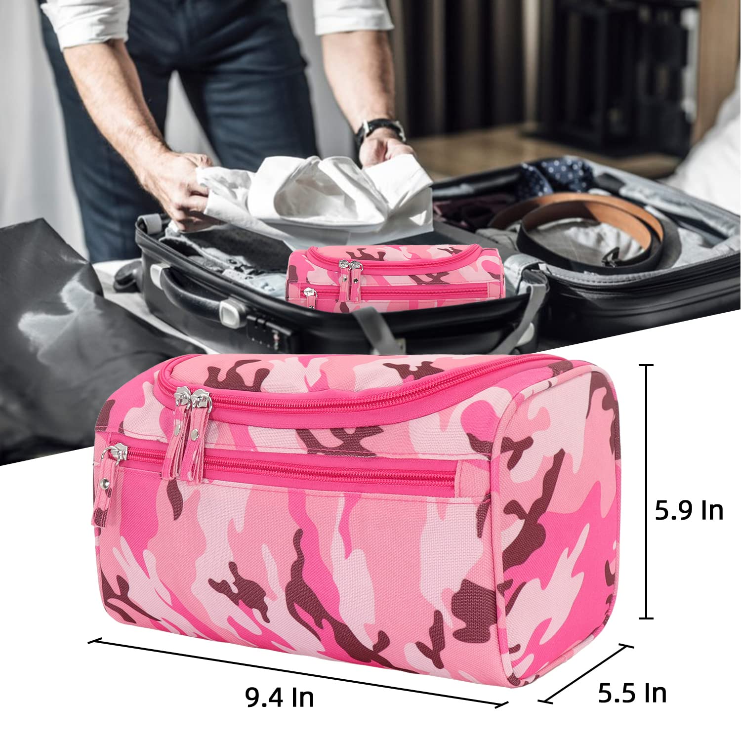 Buruis Travel Toiletry Bag for Men and Women, Hanging Toiletry Organizer Cosmetics Makeup Bag, Water-resistant Dopp Kit Shaving Bag, Small Toiletry Bag for Travel Essentials, Accessories (Camo Pink)