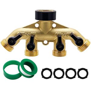 biswing 4 way brass hose splitter, 3/4" brass hose faucet manifold, garden hose adapter connector, hose spigot adapter with 4 valves