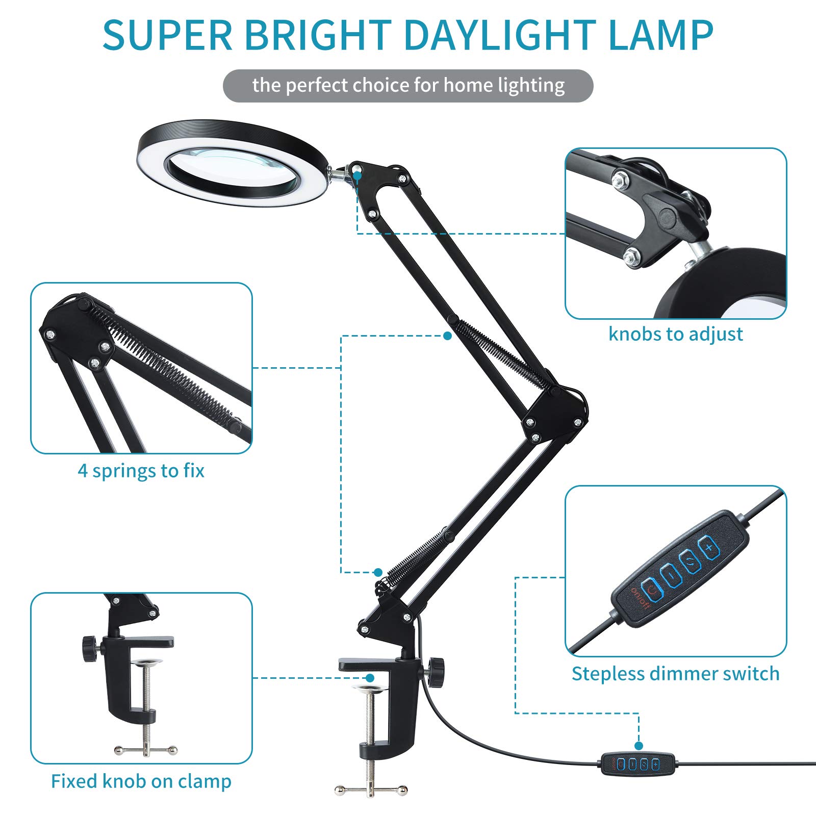 Magnifying Glass with Light and Stand,3 Color Modes Stepless Dimming-5X,Adjustable Swing Arm LED Magnifier Desk Lamp 5-Diopter Glass Lens, for Close Work, Repair, Crafts, Reading,Sewing