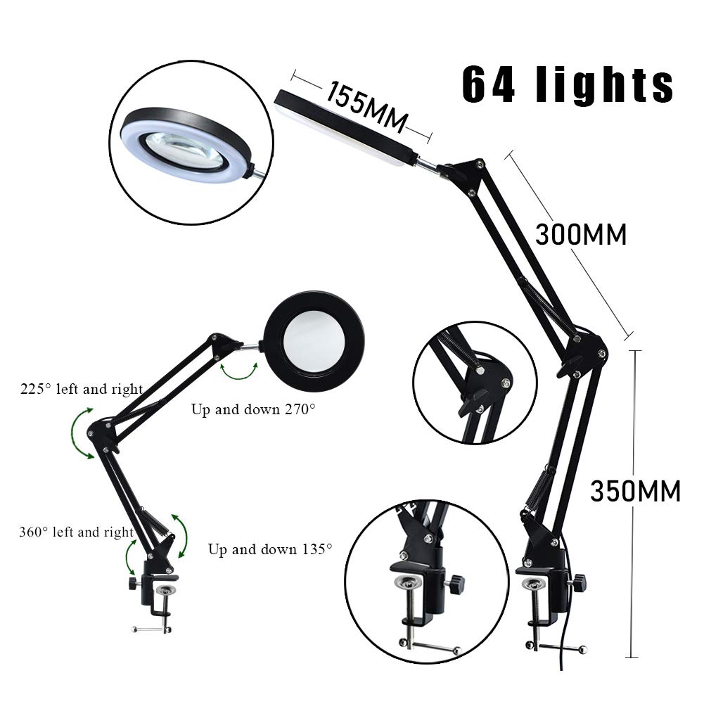 Magnifying Glass with Light and Stand,3 Color Modes Stepless Dimming-5X,Adjustable Swing Arm LED Magnifier Desk Lamp 5-Diopter Glass Lens, for Close Work, Repair, Crafts, Reading,Sewing