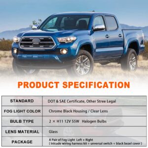 Nixon Offroad Fog Light Set Fit for 2016-2020 Toyota Tacoma SR / SR5 w/Bulb + Black Bezel Cover + Wiring Harness Kit + Universal Switch, Bumper Driving Fog Light Assembly, Fog Lamp Replacement Clear