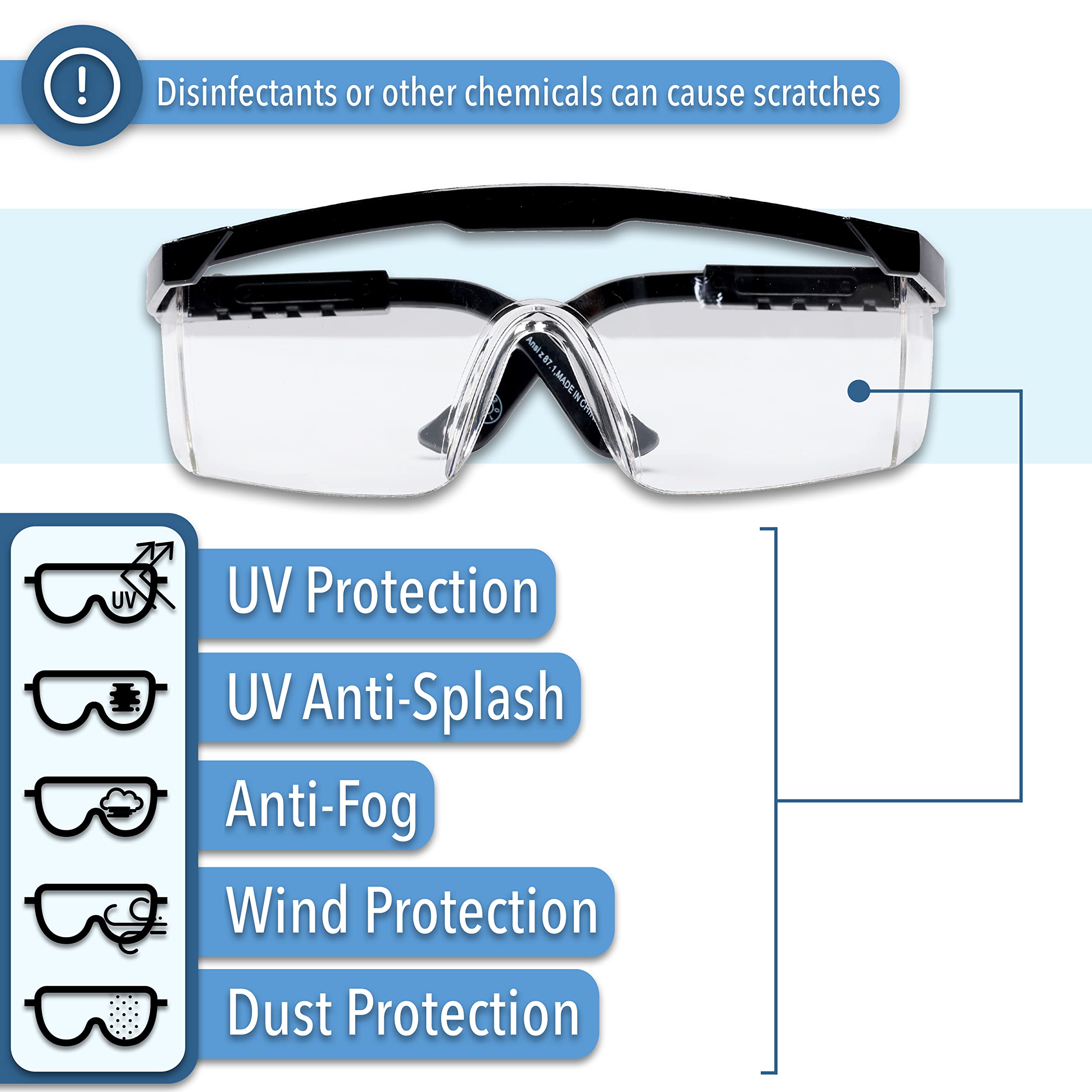 UNCO-Safety Glasses, Anti Fog Safety Glasses with Adjustable Arms, Safety Glasses Anti Fog, Clear Safety Glasses, Lab Safety Glasses, Eye Protection Glasses, Protective Eyewear, Work Glasses