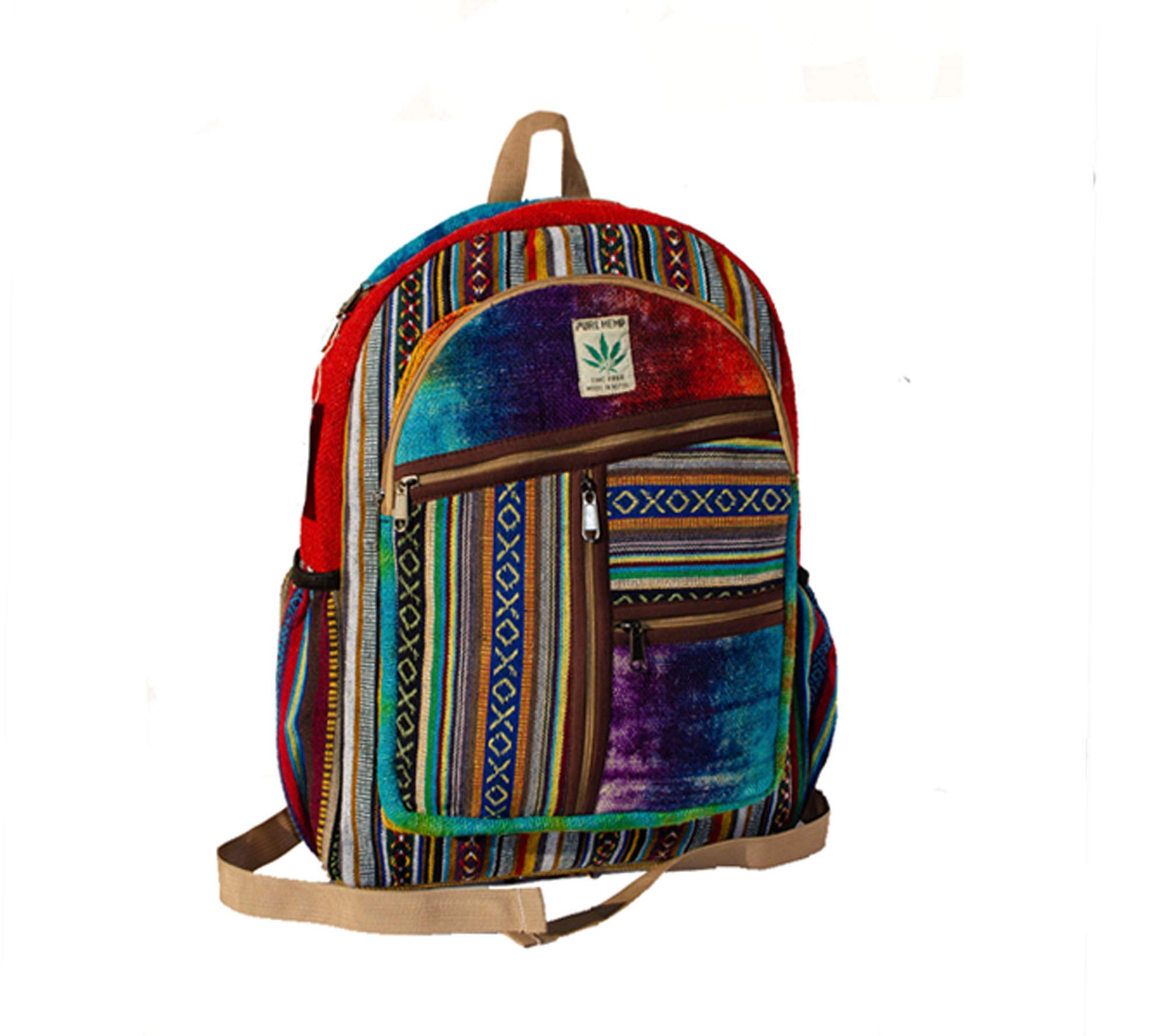 Hemp Backpack | 100% Pure Hemp - All Natural Handmade Multi Pocket Large Laptop Backpack | Travel Backpack - for Women and Men | Laptop Sleeve -Water Bottle Pockets | Boho Hippie - Rainbow