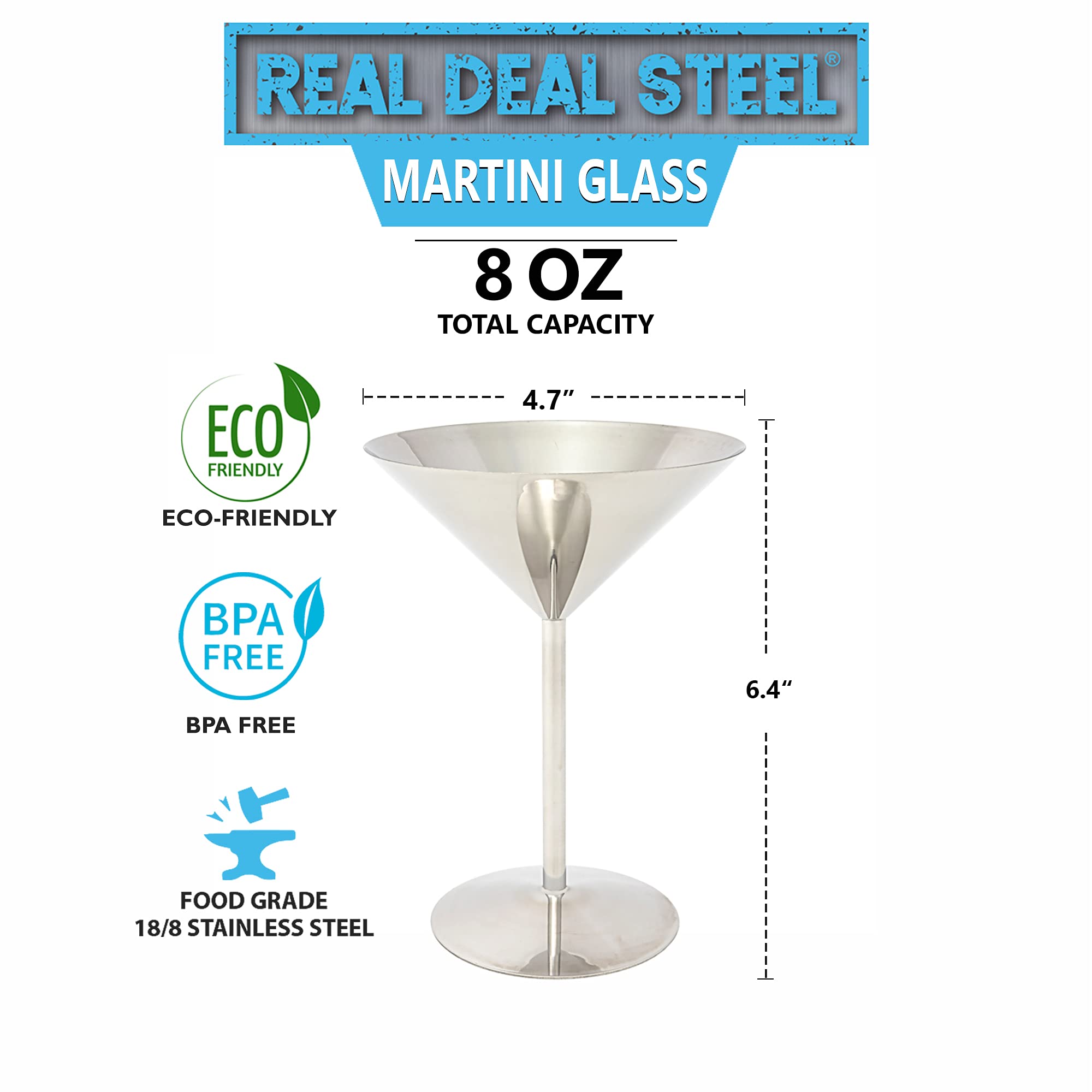 Real Deal Steel Stainless Steel Martini Glasses: Set of 4, Shatterproof 8 oz Metal Cocktail Glasses, Unbreakable, Durable, 18/8 Mirror Polished Finish, Unique