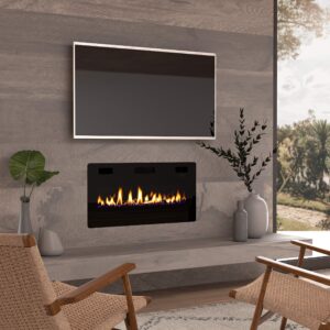finefind electric fireplace 36" recessed 3.86" ultra thin insert, wall mounted and in wall easy installation with remote control, 750w/1500w, low noise (fake fire)