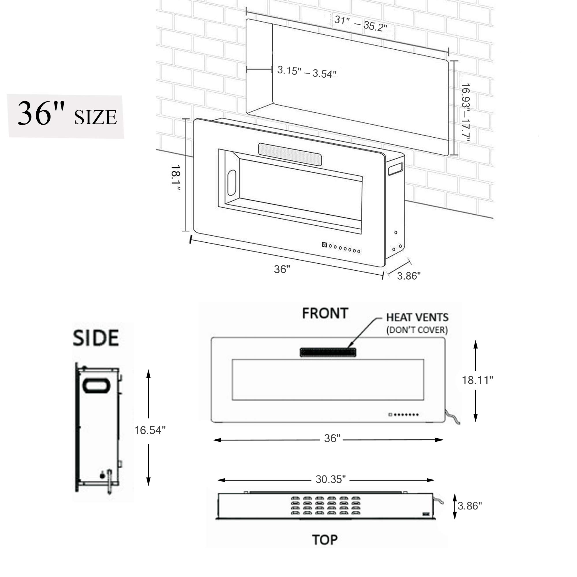 Finefind Electric Fireplace 36" Recessed 3.86" Ultra Thin Insert, Wall Mounted and in Wall Easy Installation with Remote Control, 750W/1500W, Low Noise (Fake Fire)