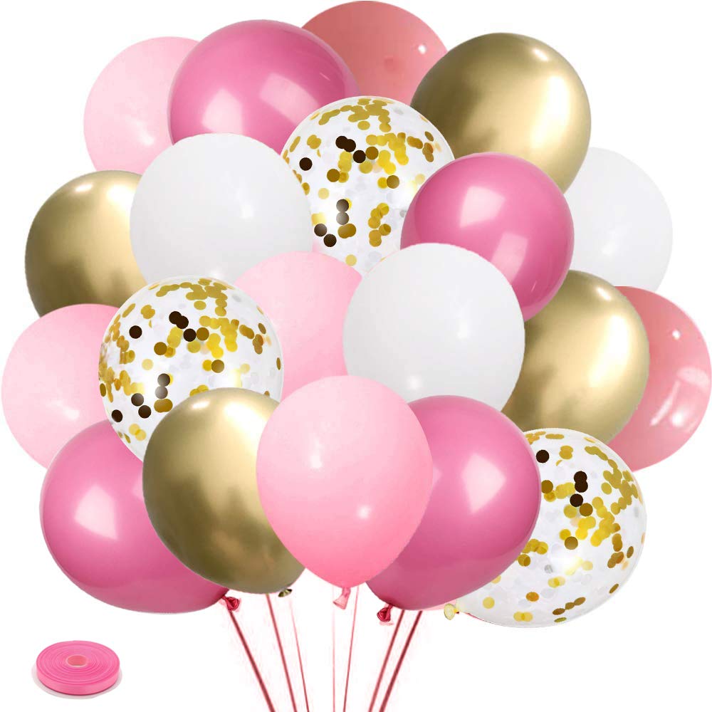 Pink Gold White Latex Balloons, 60Pcs Pink and Gold Confetti Party Balloons For Birthday Engagement Wedding Anniversary Party Decorations