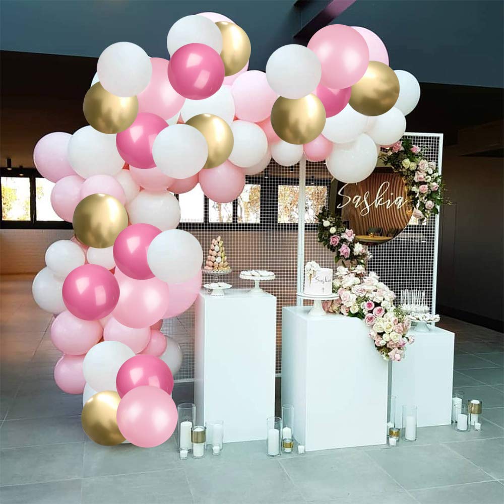 Pink Gold White Latex Balloons, 60Pcs Pink and Gold Confetti Party Balloons For Birthday Engagement Wedding Anniversary Party Decorations