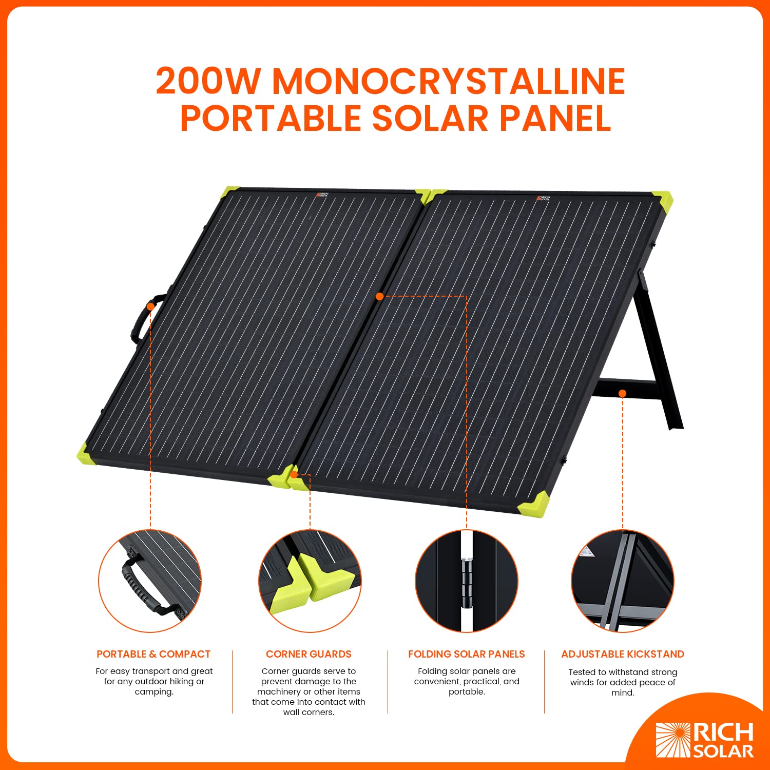 RICH SOLAR 200W Monocrystalline Portable Solar Panel Foldable Suitcase Solar Panel Built-in Kickstand (200W+20A Controller)