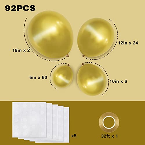 RUBFAC 92pcs Metallic Gold Balloons Chrome Gold Balloon Different Sizes 18 12 10 5 Inch Gold Latex Balloons for Happy New Year Decorations 2024 Birthday Party Graduation