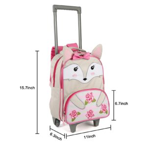 Toddler Rolling Backpack 16 inch Kids Wheeled Backpack Boys Girls Travel School Children Luggage Toddler Trip, Fox