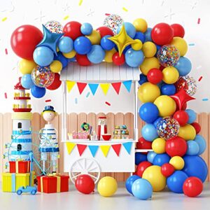 rubfac carnival circus balloon garland arch kit, 120pcs red blue yellow primary color balloons rainbow multicolor confetti and star foil balloons for birthday party carnival theme decorations