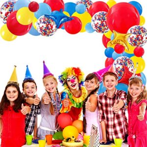 RUBFAC Carnival Circus Balloon Garland Arch Kit, 120pcs Red Blue Yellow Primary Color Balloons Rainbow Multicolor Confetti and Star Foil Balloons for Birthday Party Carnival Theme Decorations