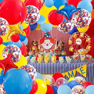 RUBFAC Carnival Circus Balloon Garland Arch Kit, 120pcs Red Blue Yellow Primary Color Balloons Rainbow Multicolor Confetti and Star Foil Balloons for Birthday Party Carnival Theme Decorations