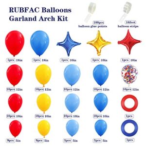RUBFAC Carnival Circus Balloon Garland Arch Kit, 120pcs Red Blue Yellow Primary Color Balloons Rainbow Multicolor Confetti and Star Foil Balloons for Birthday Party Carnival Theme Decorations