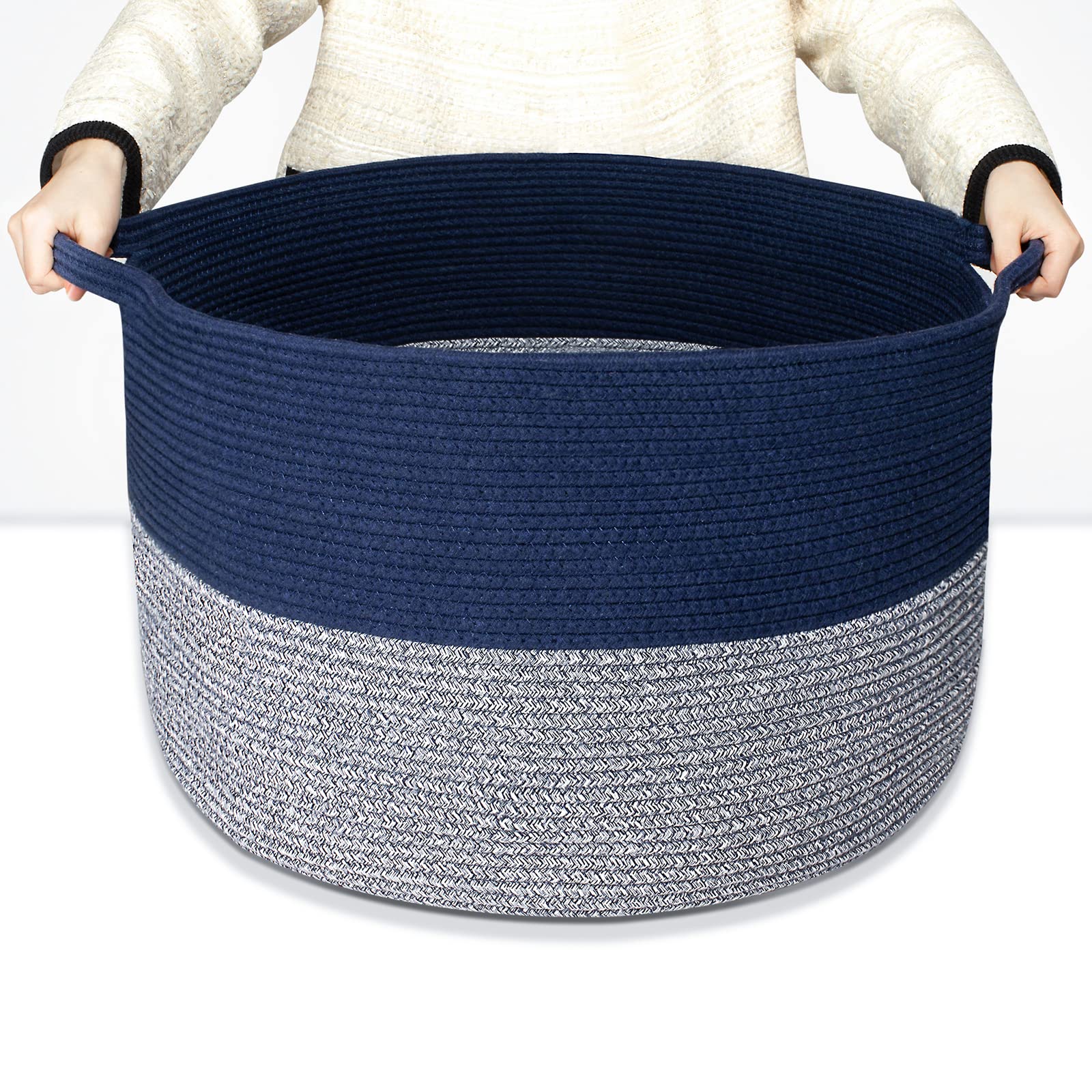 Annecy XXLarge Cotton Rope Basket, 21x13 Inches Blanket Basket Living Room, Woven Baby Laundry Basket with Handle for Toy, Towels, Pillows, Decorative Basket for Blankets, Blue & Grey