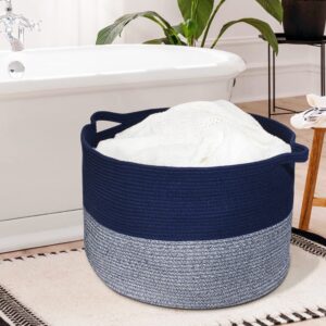 Annecy XXLarge Cotton Rope Basket, 21x13 Inches Blanket Basket Living Room, Woven Baby Laundry Basket with Handle for Toy, Towels, Pillows, Decorative Basket for Blankets, Blue & Grey
