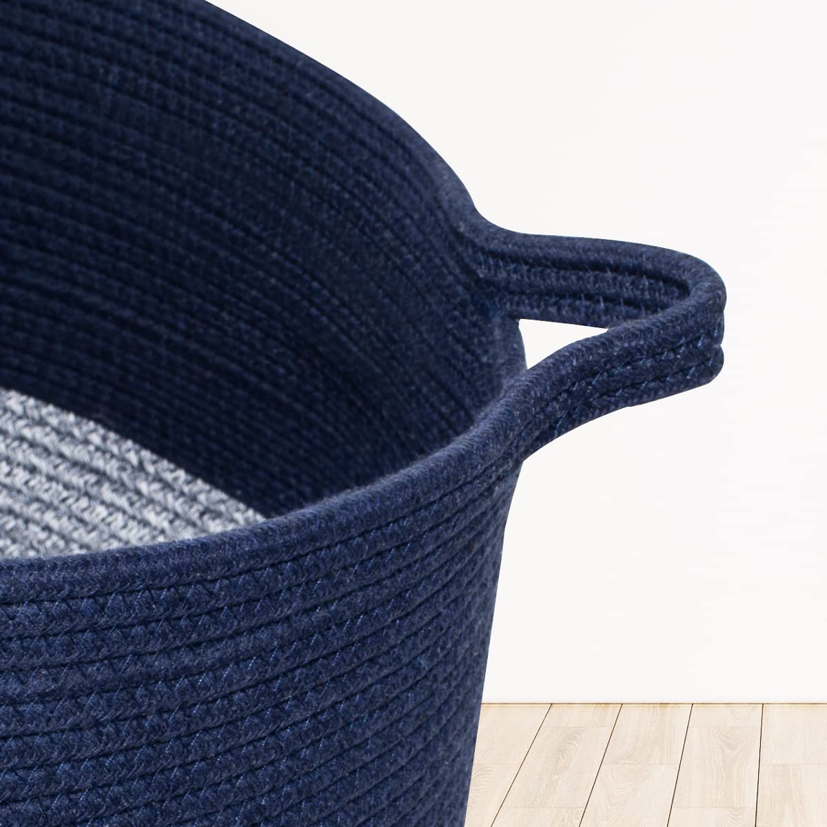 Annecy XXLarge Cotton Rope Basket, 21x13 Inches Blanket Basket Living Room, Woven Baby Laundry Basket with Handle for Toy, Towels, Pillows, Decorative Basket for Blankets, Blue & Grey