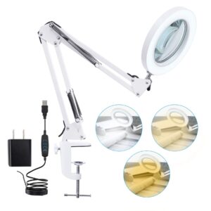 led magnifying lamp with clamp, 8-diopter, 10x real glass lens, 3 color modes and stepless dimmable magnifier desk lamp,adjustable swivel arm lighted magnifying glass for repair craft close work-white