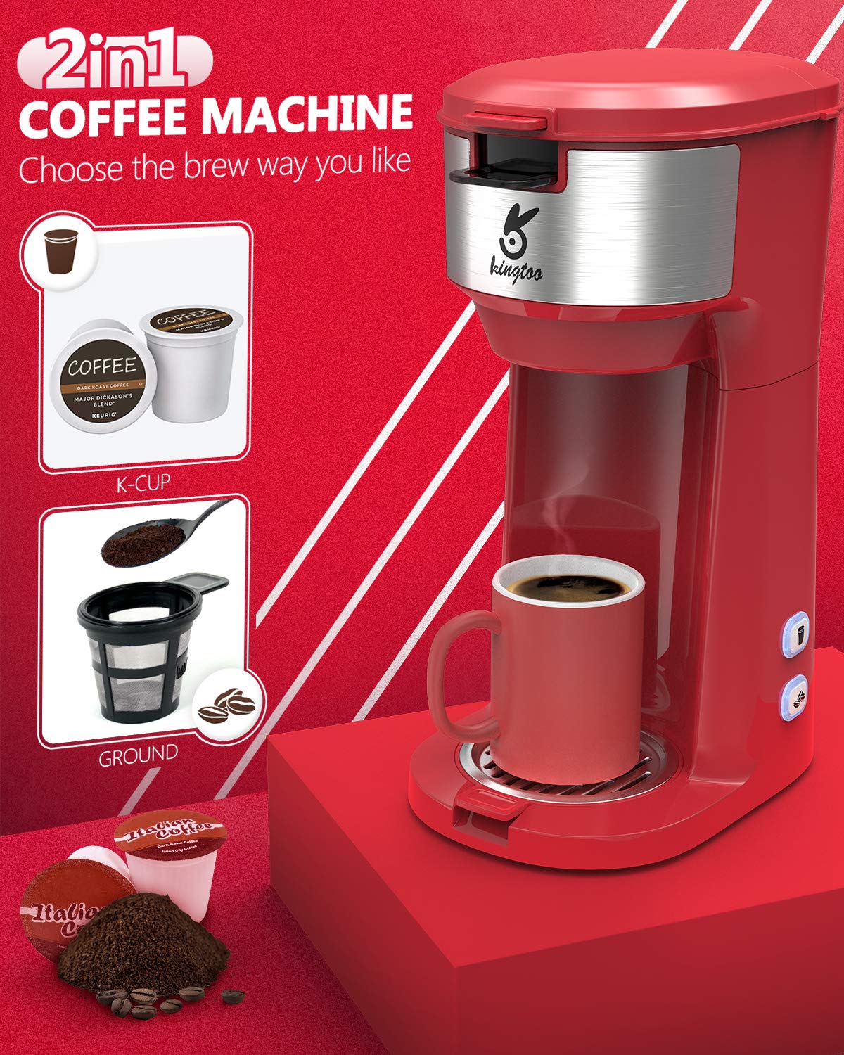 KINGTOO Single Serve Coffee Maker, Single Serve K Cup Coffee Maker for K-Cup Pod & Ground Coffee, Thermal Drip Instant Mini Coffee Machine with Self Cleaning Function, Brew Strength Control