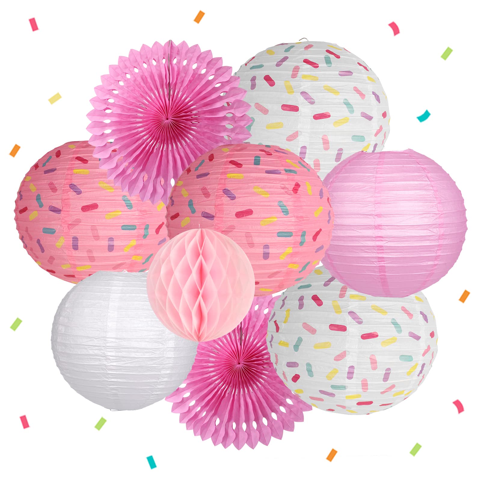 YUNXUAN Donut Birthday Party Decorations, Donut party supplies Donut Lanterns Party Paper Fan Honeycomb Ball Hanging Paper Lanterns for Baby Shower Kids Birthday Party Ice Cream Party Decorations