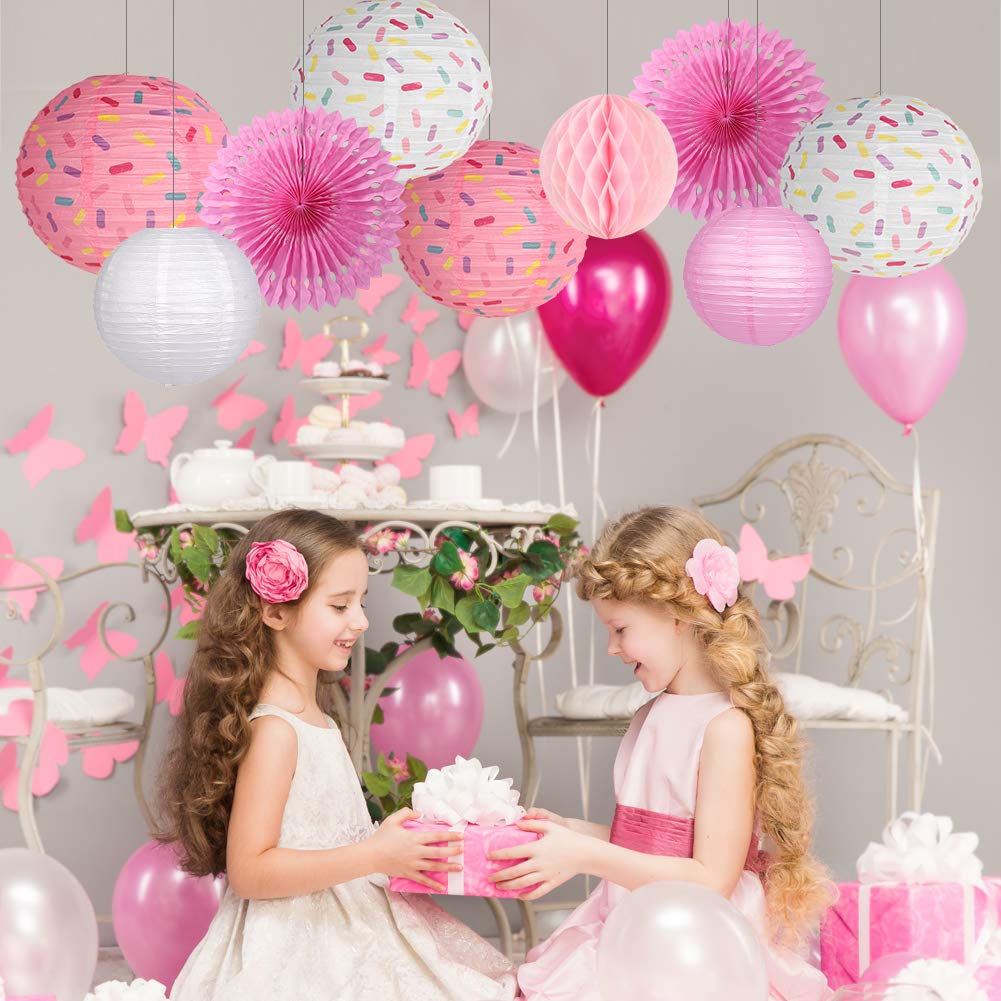 YUNXUAN Donut Birthday Party Decorations, Donut party supplies Donut Lanterns Party Paper Fan Honeycomb Ball Hanging Paper Lanterns for Baby Shower Kids Birthday Party Ice Cream Party Decorations