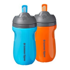 tommee tippee insulated straw cup for toddlers, spill-proof, 9oz, 12m+, 2-count, blue and orange