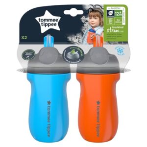 Tommee Tippee Insulated Straw Cup for Toddlers, Spill-Proof, 9oz, 12m+, 2-Count, Blue and Orange