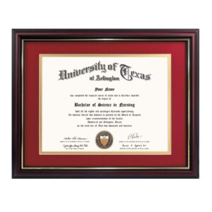 graduationmall 8.5x11 diploma frame with red over gold mat or display 11x14 certificate without mat,solid wood & uv protection acrylic,cherry finish with gold trim