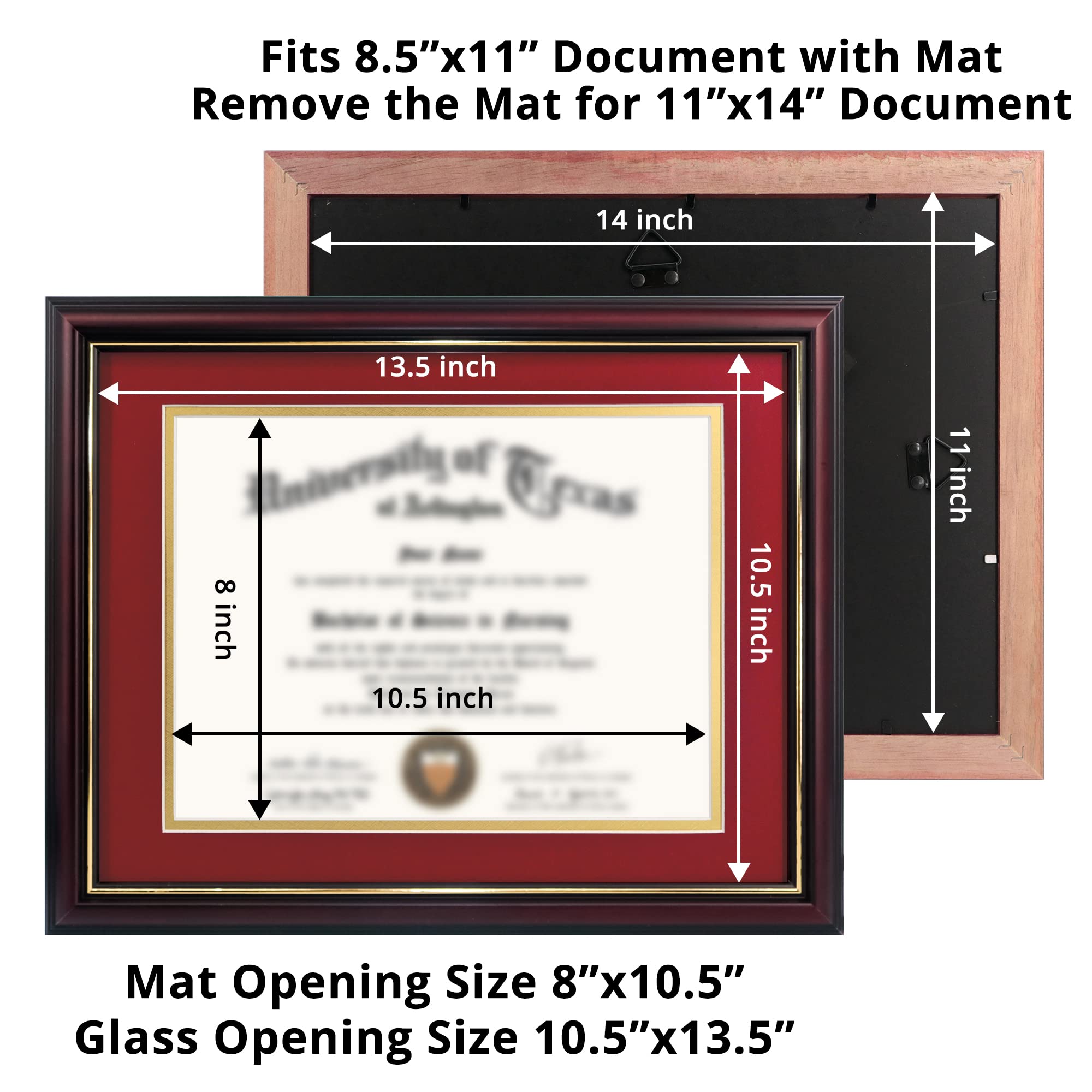 GraduationMall 8.5x11 Diploma Frame with Red over Gold Mat or Display 11x14 Certificate without Mat,Solid Wood & UV Protection Acrylic,Cherry Finish with Gold Trim