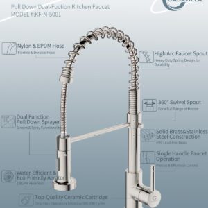 Kitchen Faucet, Commercial Kitchen Sink Faucets with Pull Down Sprayer, Stainless Steel Faucets for Kitchen Sinks, Dual Function Spray Head, Single Handle Spring Kitchen Faucets -Brushed Nickel