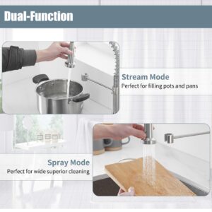 Kitchen Faucet, Commercial Kitchen Sink Faucets with Pull Down Sprayer, Stainless Steel Faucets for Kitchen Sinks, Dual Function Spray Head, Single Handle Spring Kitchen Faucets -Brushed Nickel