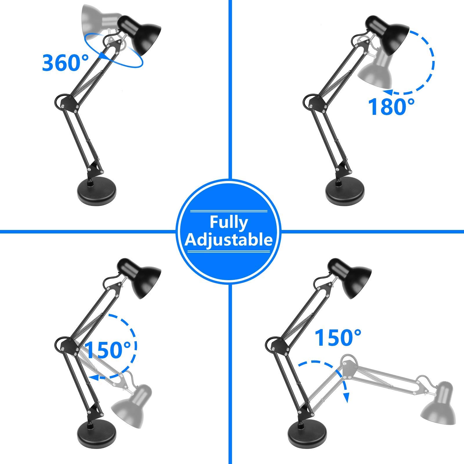 AmeriTop Bundle - Metal Desk Lamp Black & 6 Pack 3000K Warm White A19 LED Light Bulbs; Adjustable Goose Neck Swing Arm Table Lamp with Interchangeable Base Or Clamp