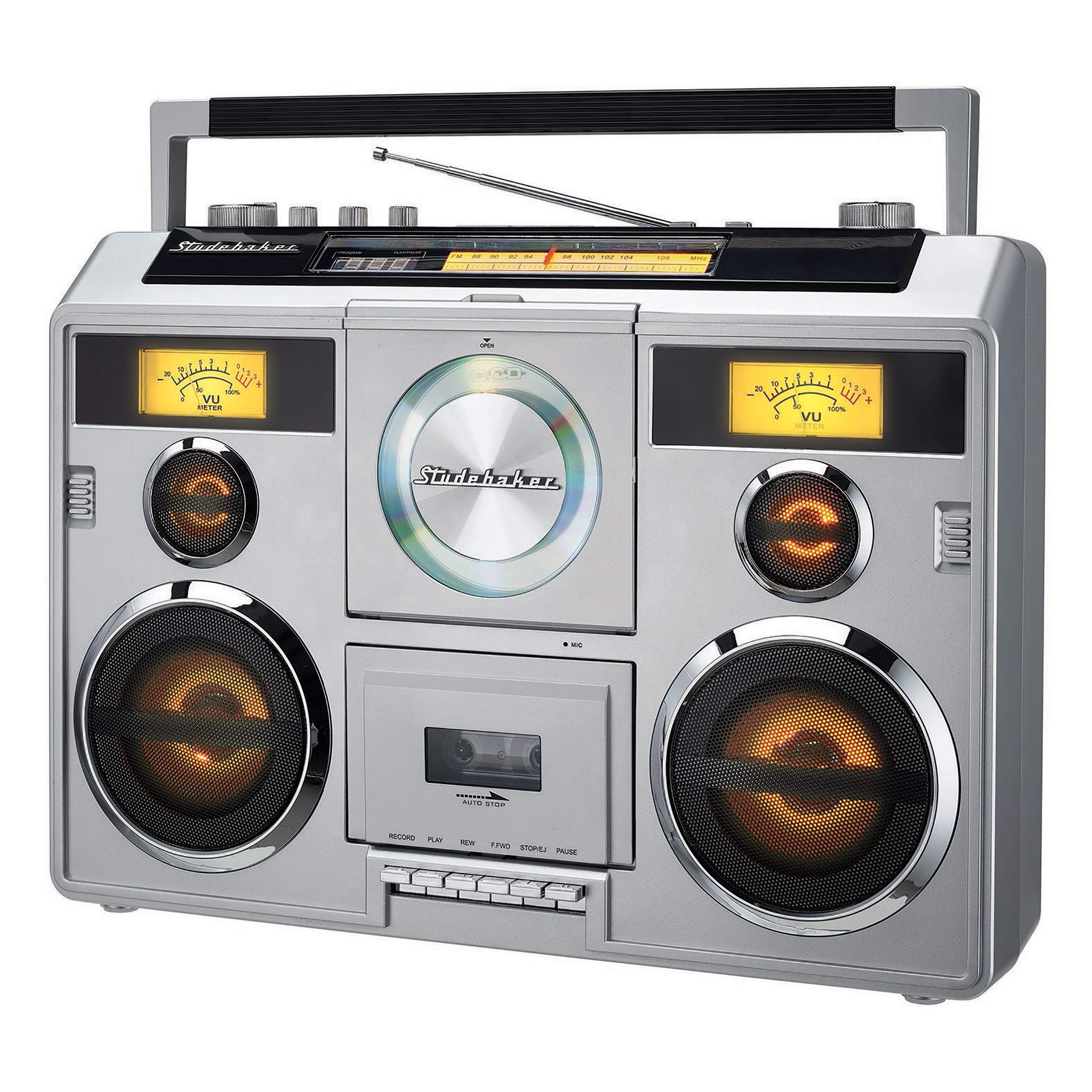 Studebaker Sound Station Portable Stereo Boombox with Bluetooth/CD/AM-FM Radio/Cassette Recorder (Silver)