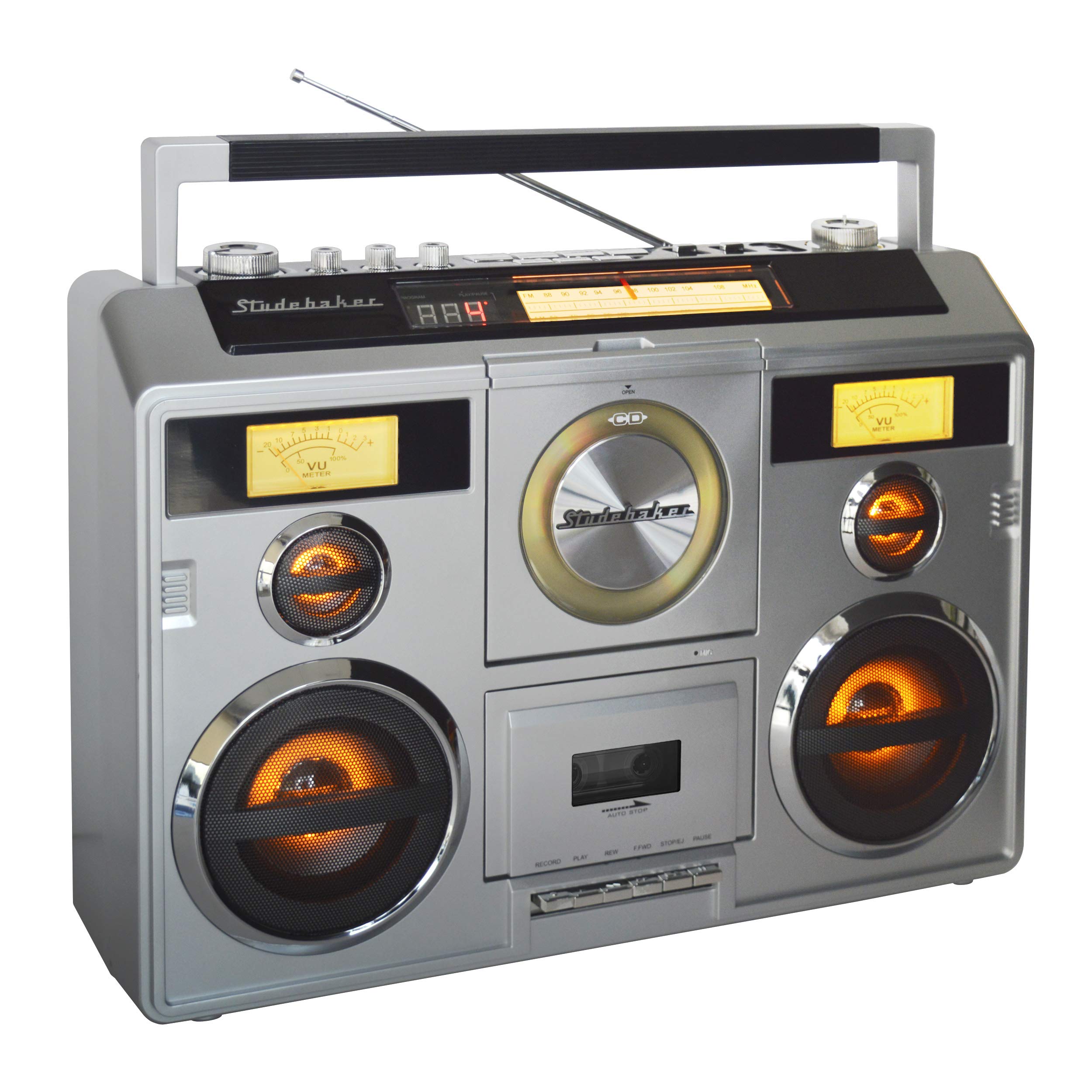 Studebaker Sound Station Portable Stereo Boombox with Bluetooth/CD/AM-FM Radio/Cassette Recorder (Silver)