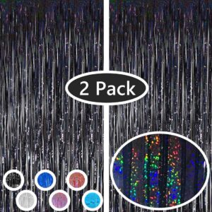 vanujoy iridescent black foil fringe backdrop curtains 2024 graduation party decoration - 2 pack tinsel party door wall curtain for birthday bachelorette party engagement bridal shower baby shower