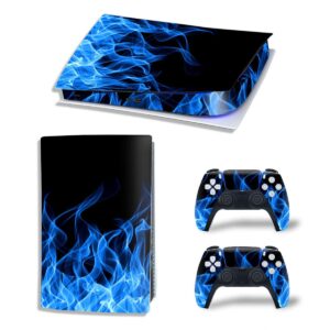 vinyl skin sticker decal cover for ps5 digital edition, blue fire ps5 console and controllers skin