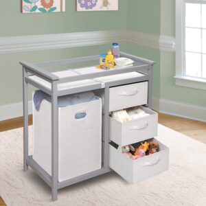 Badger Basket Modern Baby Changing Table with Laundry Hamper, 3 Storage Drawers, and Pad - Cool Gray