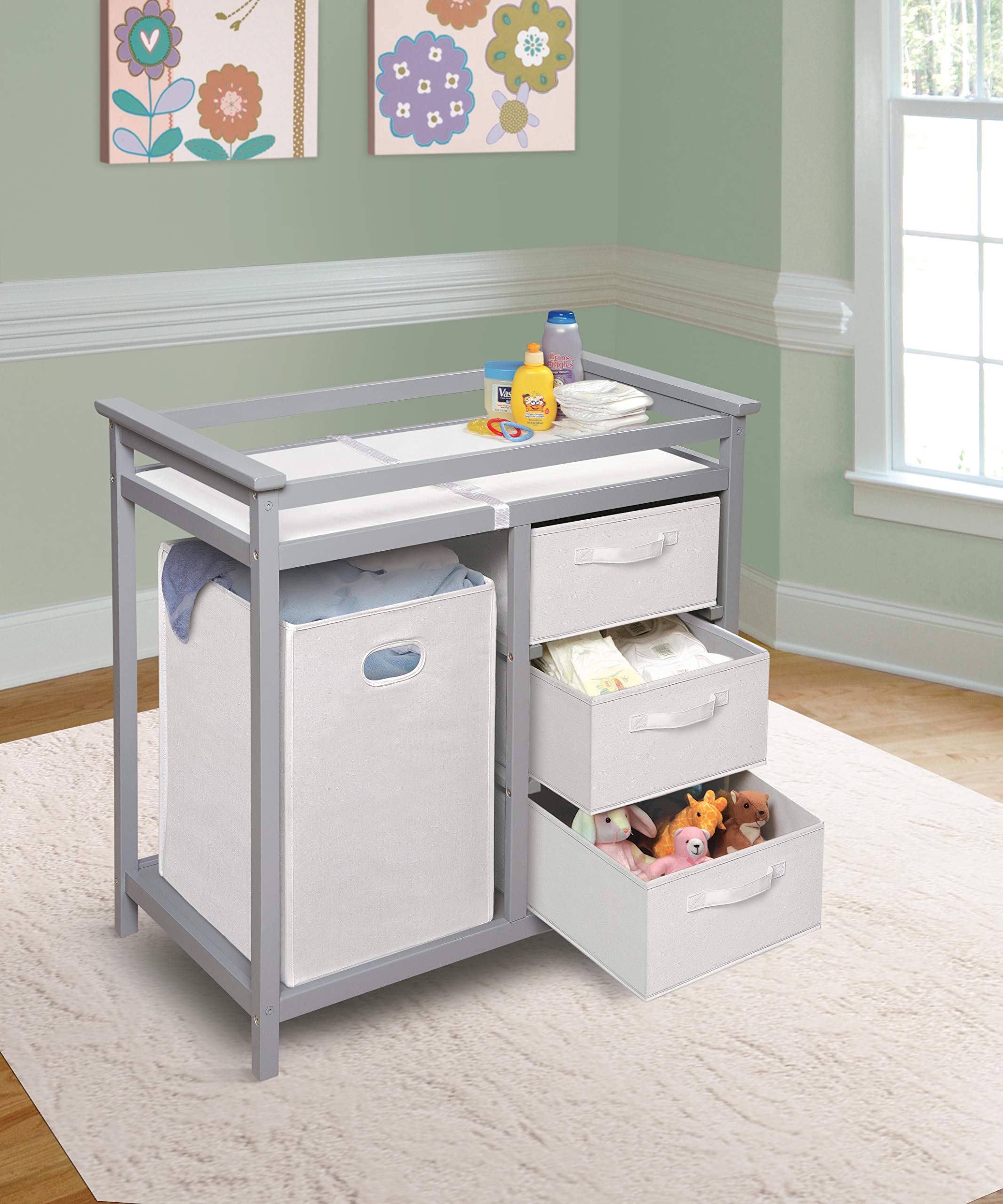 Badger Basket Modern Baby Changing Table with Laundry Hamper, 3 Storage Drawers, and Pad - Cool Gray